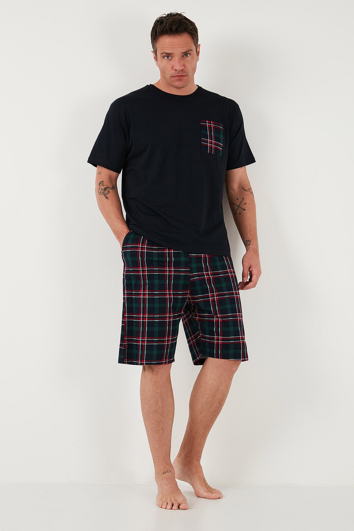 Buratti Kareli Regular Fit Pamuklu Bisiklet Yaka Kısa Kollu Şortlu Erkek Pijama Takımı 6572020 LACİVERT