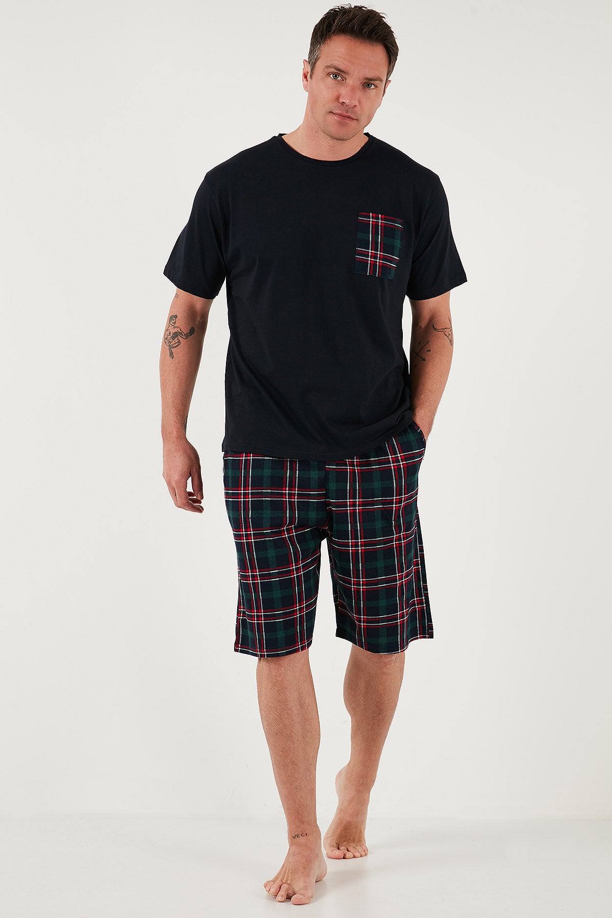 Buratti Kareli Regular Fit Pamuklu Bisiklet Yaka Kısa Kollu Şortlu Erkek Pijama Takımı 6572020 LACİVERT