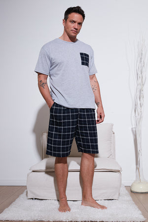 Buratti Kareli Regular Fit Pamuklu Bisiklet Yaka Kısa Kollu Şortlu Erkek Pijama Takımı 6572020 GRİ MELANJ