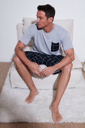 Buratti Kareli Regular Fit Pamuklu Bisiklet Yaka Kısa Kollu Şortlu Erkek Pijama Takımı 6572020 GRİ MELANJ