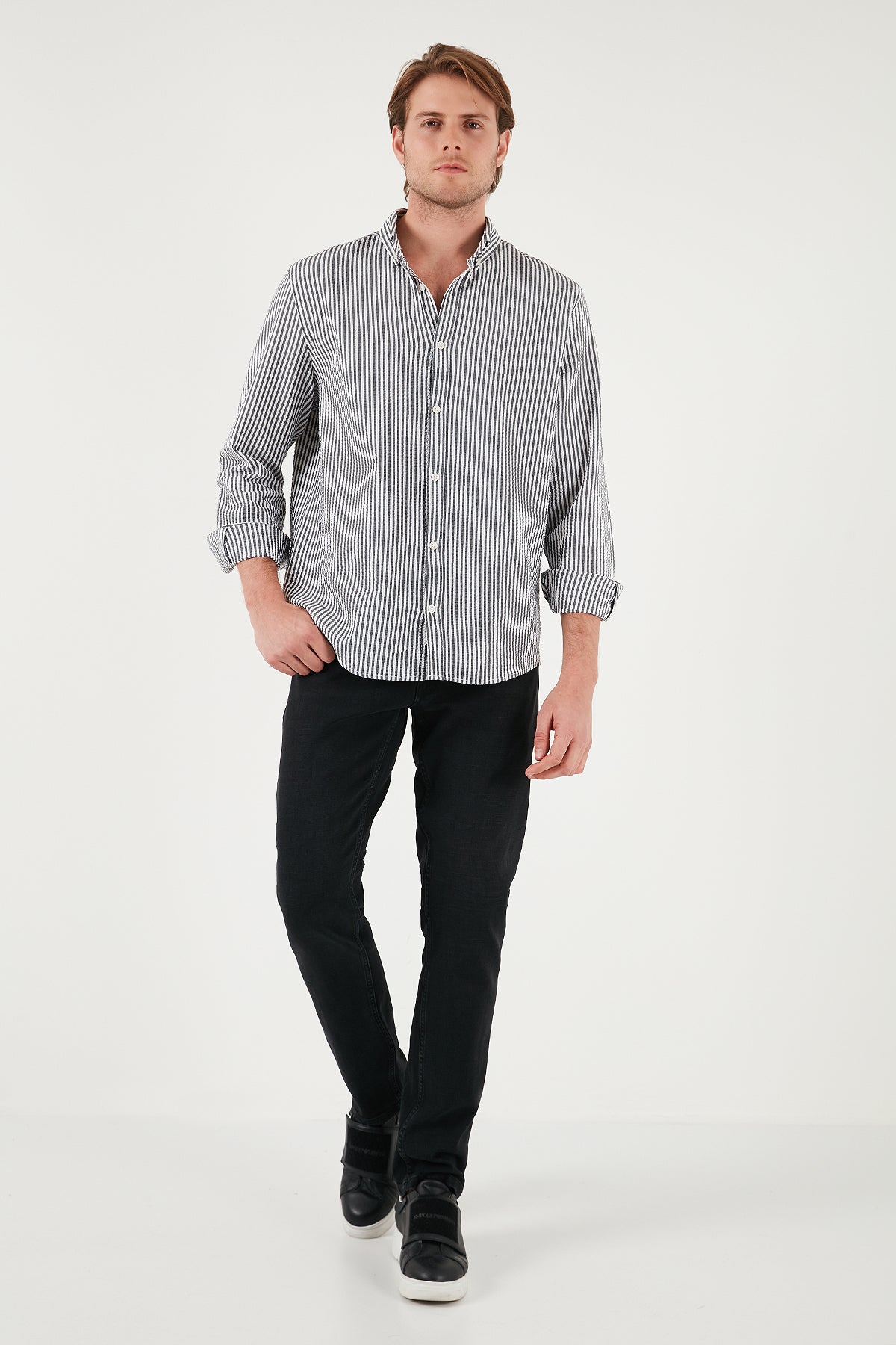 Buratti Pamuklu Çizgili Düğmeli Yaka Uzun Kollu Regular Fit Erkek Gömlek CF23S112237 LACİVERT-BEYAZ
