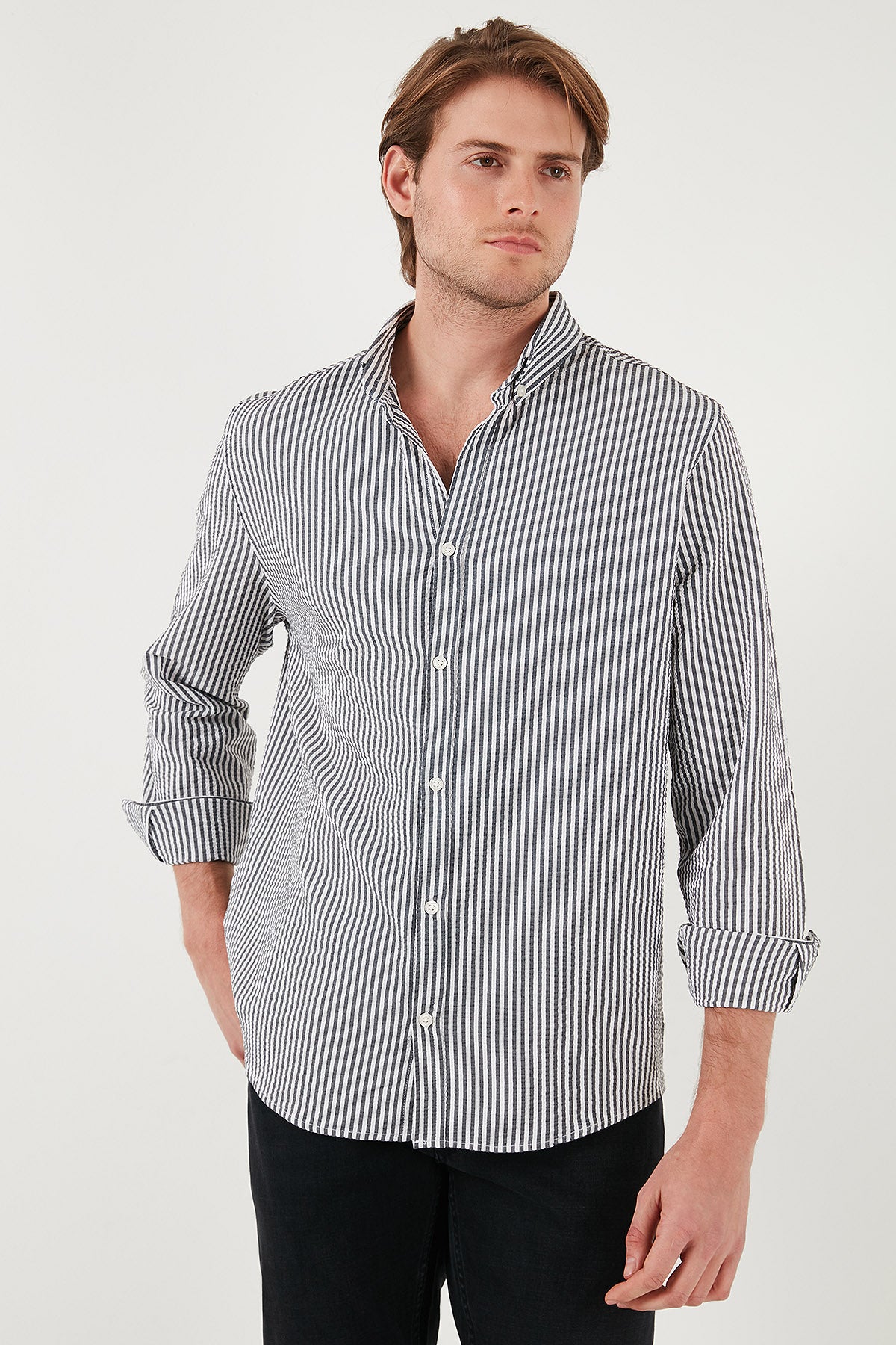 Buratti Pamuklu Çizgili Düğmeli Yaka Uzun Kollu Regular Fit Erkek Gömlek CF23S112237 LACİVERT-BEYAZ