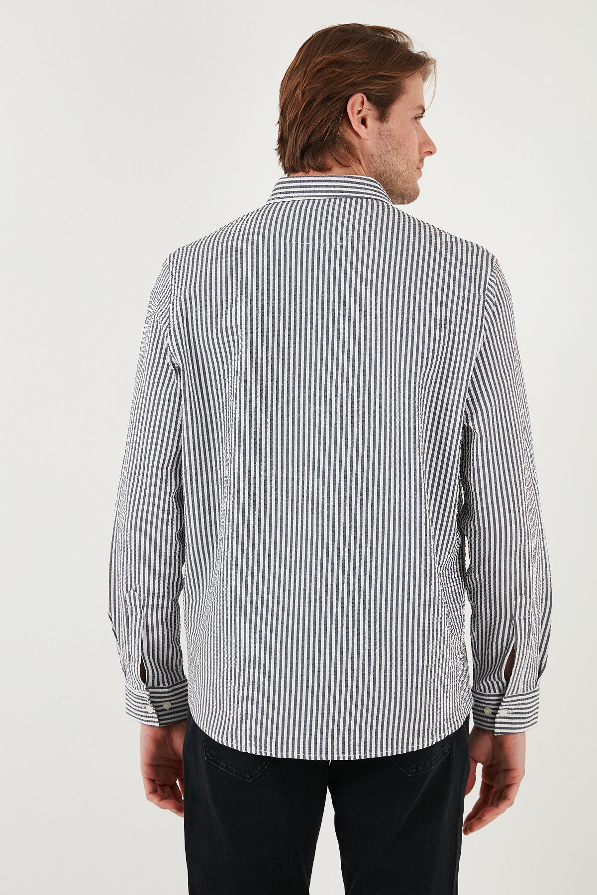 Buratti Pamuklu Çizgili Düğmeli Yaka Uzun Kollu Regular Fit Erkek Gömlek CF23S112237 LACİVERT-BEYAZ