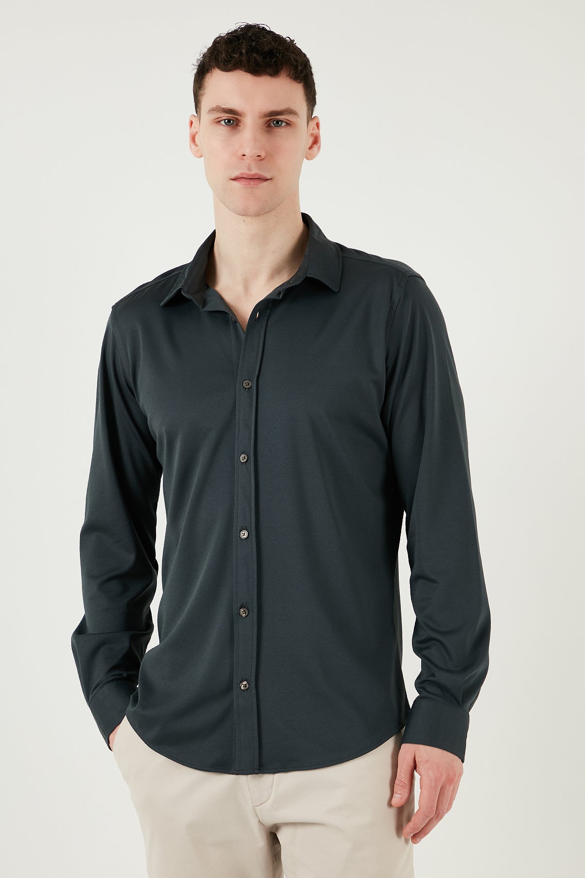 Buratti Pamuklu Regular Fit Düz Yaka Erkek Gömlek CF25S119628 ANTRASİT