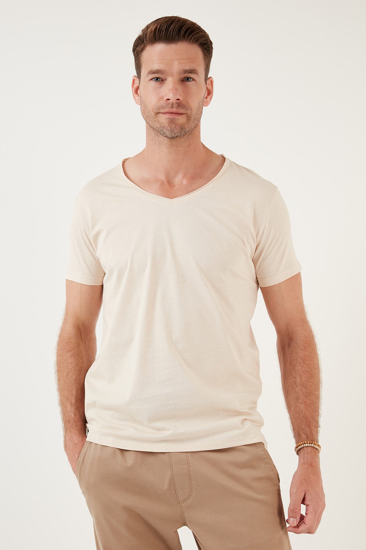 Buratti Pamuklu Slim Fit Bisiklet Yaka Baskılı 3'lü Paket Erkek T Shirt 541S31 Beyaz-Bej-Vizon