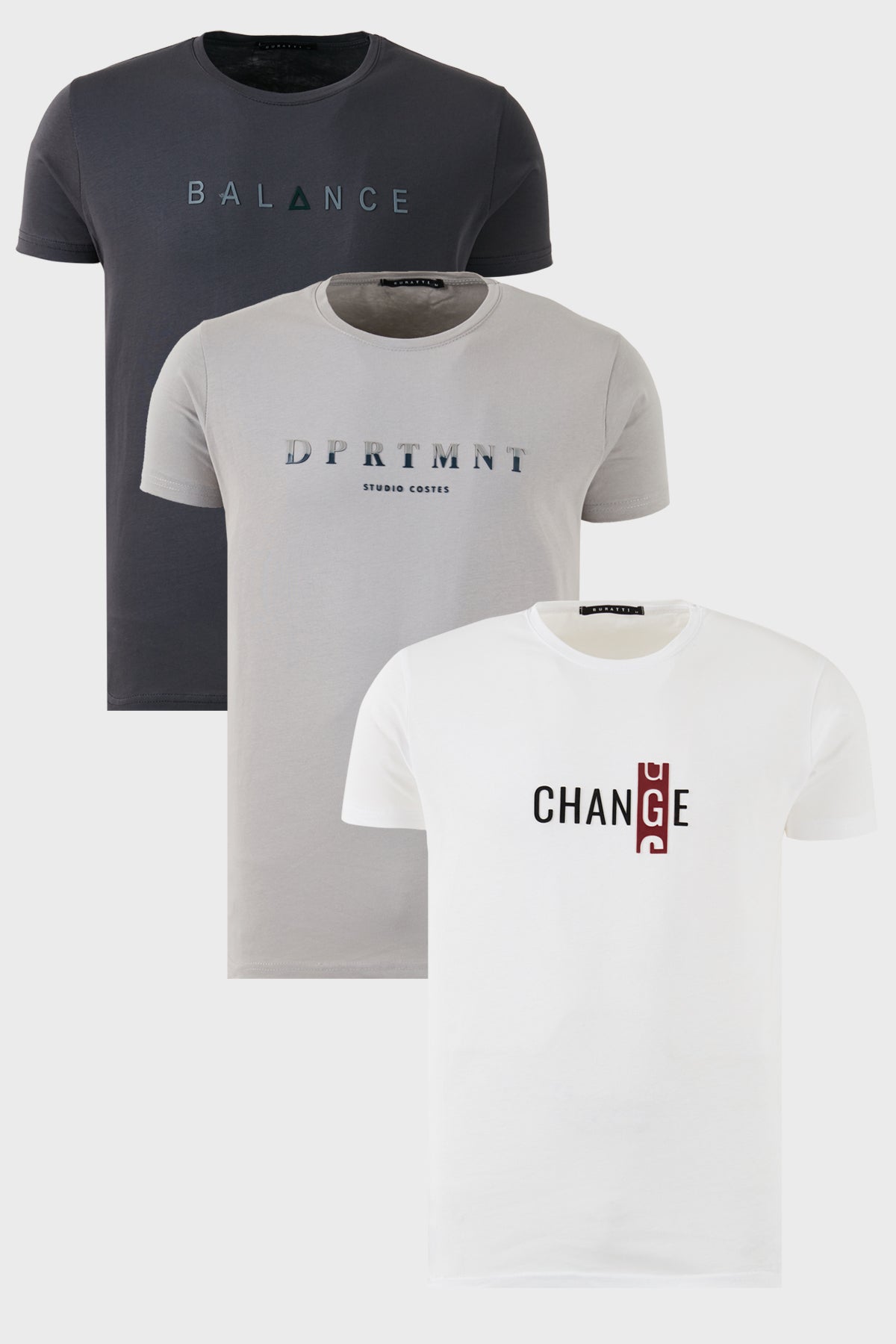 Buratti Pamuklu Slim Fit Bisiklet Yaka Baskılı 3'lü Paket Erkek T Shirt 541S31 Füme-Beyaz-Açık Gri