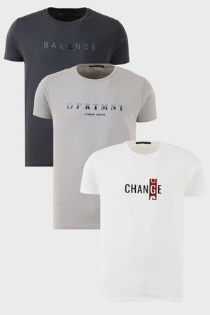 Buratti Pamuklu Slim Fit Bisiklet Yaka Baskılı 3'lü Paket Erkek T Shirt 541S31 Füme-Beyaz-Açık Gri
