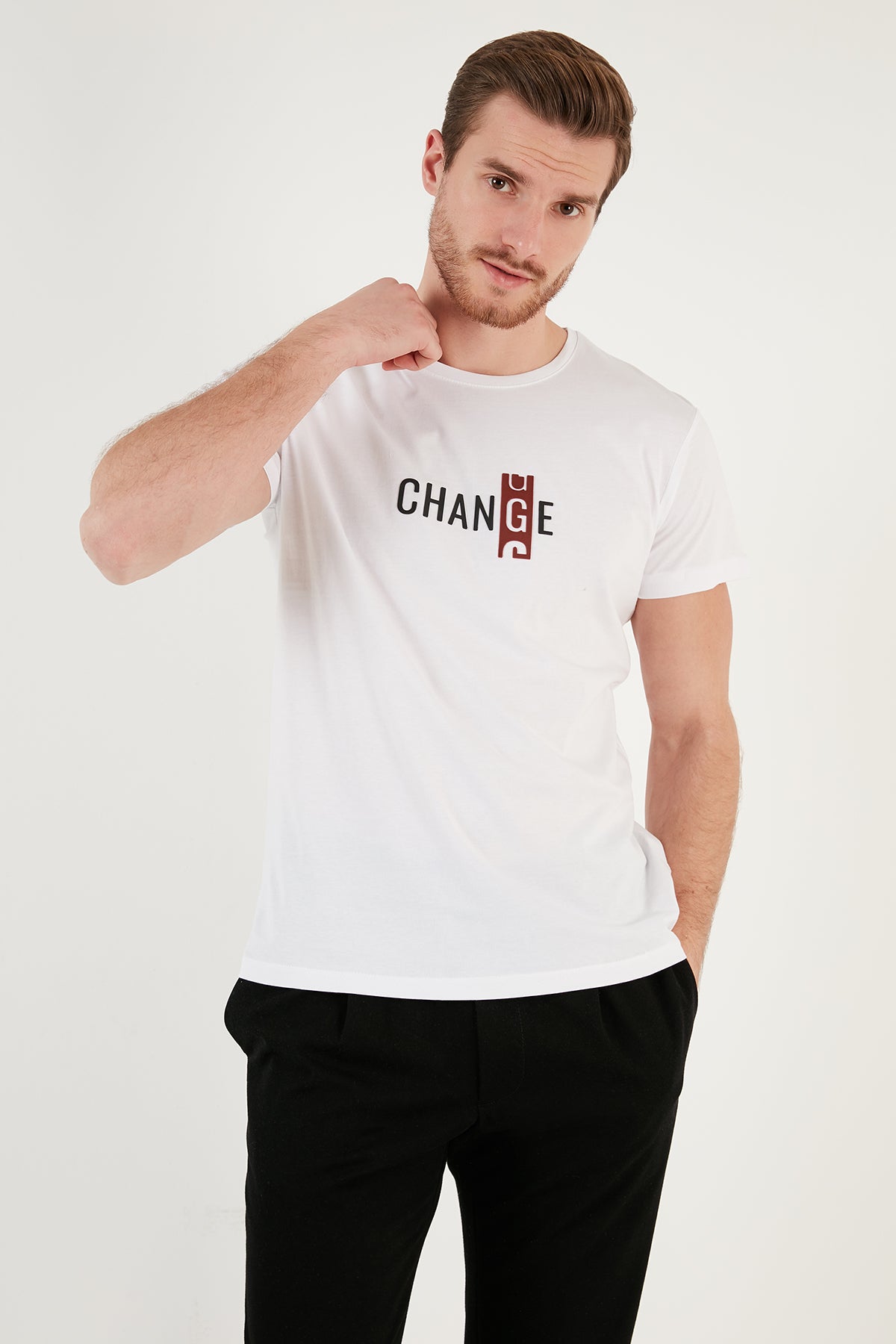 Buratti Pamuklu Slim Fit Bisiklet Yaka Baskılı 3'lü Paket Erkek T Shirt 541S31 Füme-Beyaz-Açık Gri