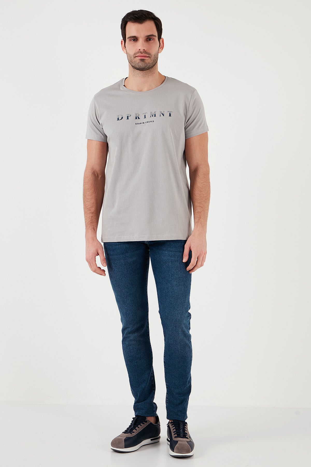 Buratti Pamuklu Slim Fit Bisiklet Yaka Baskılı 3'lü Paket Erkek T Shirt 541S31 Füme-Beyaz-Açık Gri