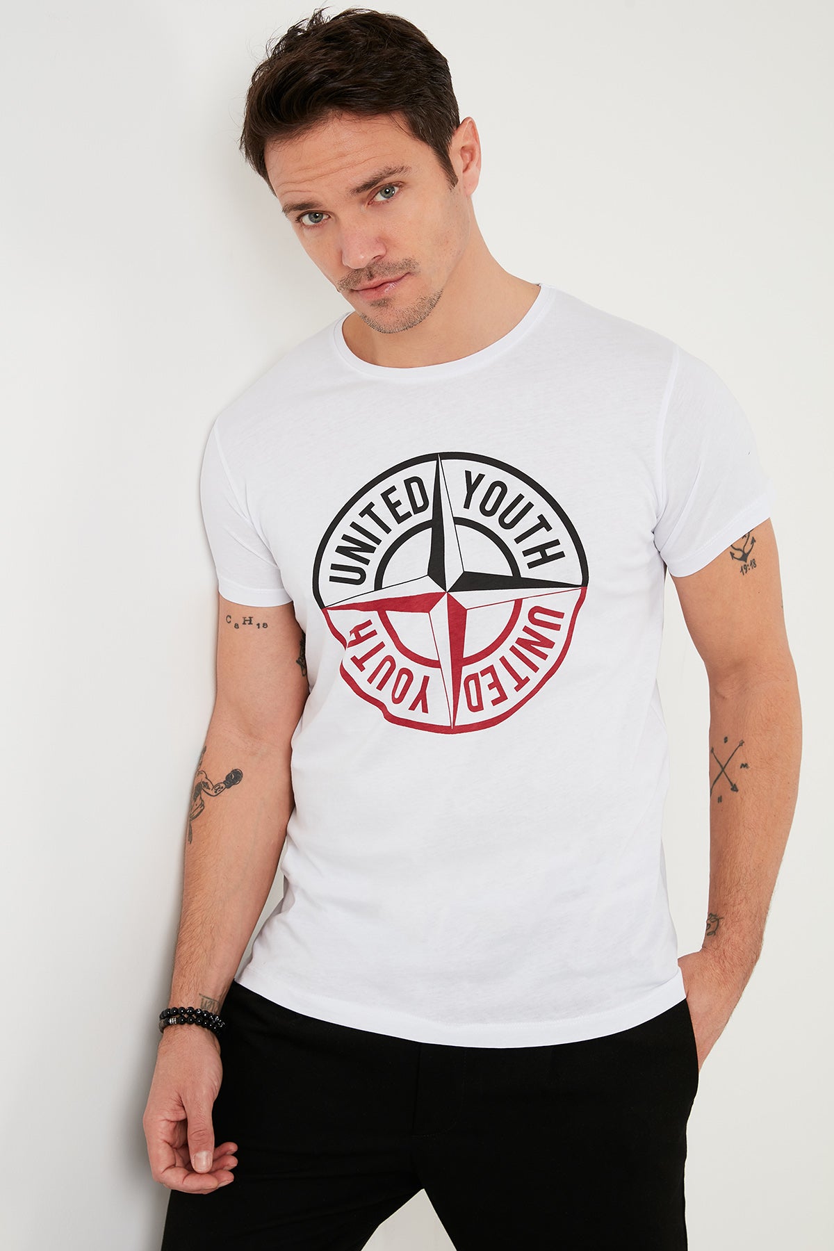 Buratti Pamuklu Slim Fit Bisiklet Yaka Baskılı 3'lü Paket Erkek T Shirt 541S31 Beyaz-Parlıament-Koyu Antrasit