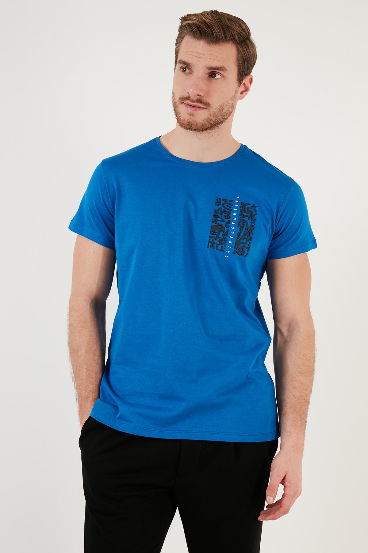 Buratti Pamuklu Slim Fit Bisiklet Yaka Baskılı 3'lü Paket Erkek T Shirt 541S31 Beyaz-Parlıament-Koyu Antrasit