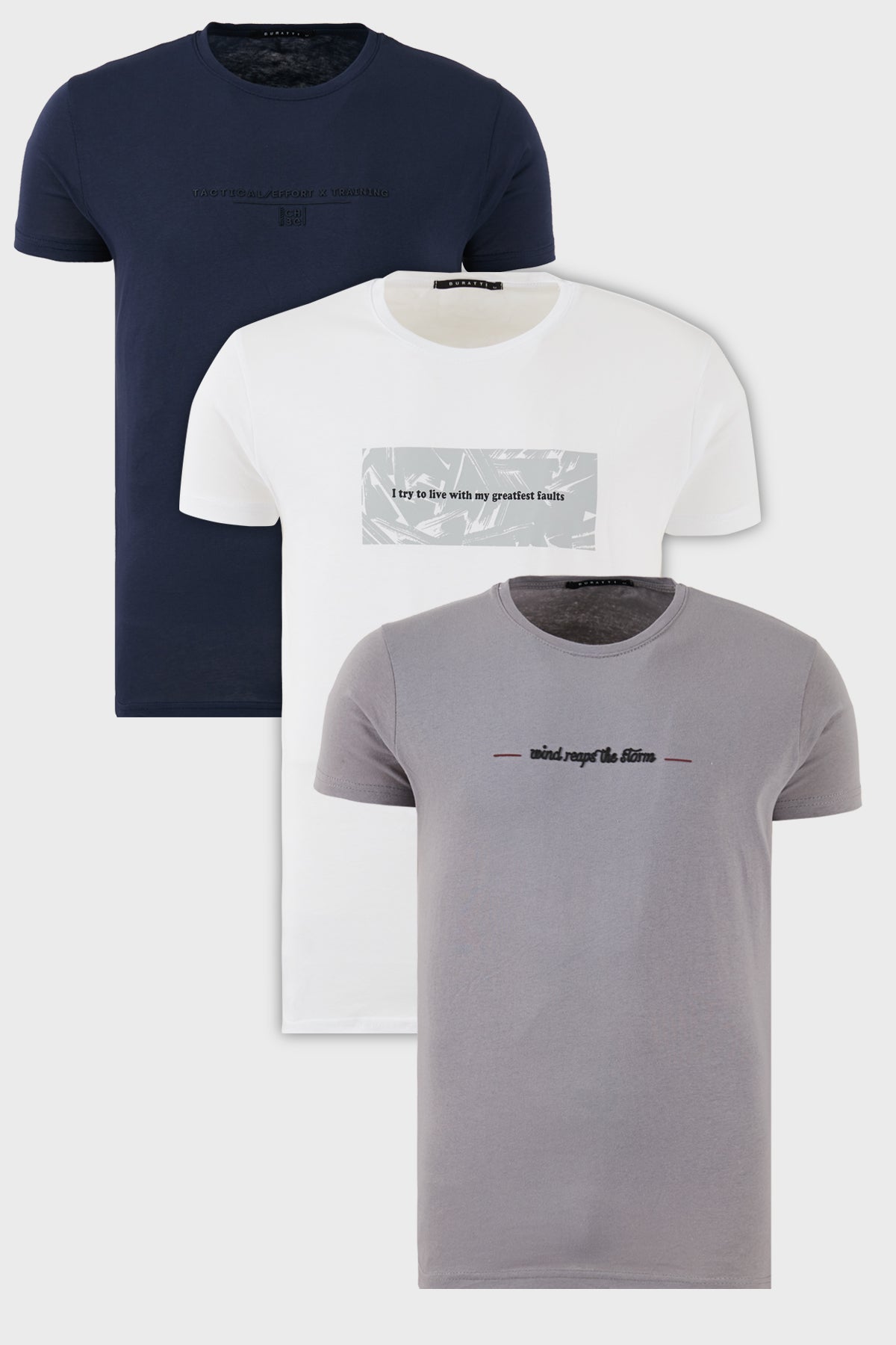 Buratti Pamuklu Slim Fit Bisiklet Yaka Baskılı 3'lü Paket Erkek T Shirt 541S31 Açık Gri-Beyaz-Lacivert