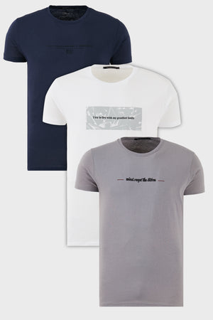 Buratti Pamuklu Slim Fit Bisiklet Yaka Baskılı 3'lü Paket Erkek T Shirt 541S31 Açık Gri-Beyaz-Lacivert