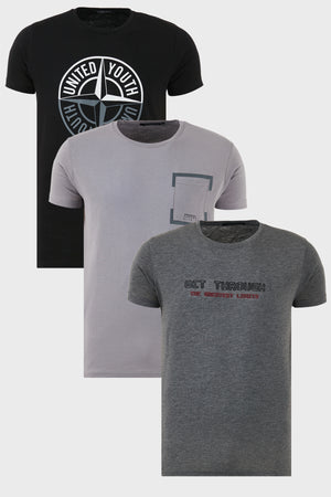 Buratti Pamuklu Slim Fit Bisiklet Yaka Baskılı 3'lü Paket Erkek T Shirt 541S31 Antrasit-Siyah-Açık Gri