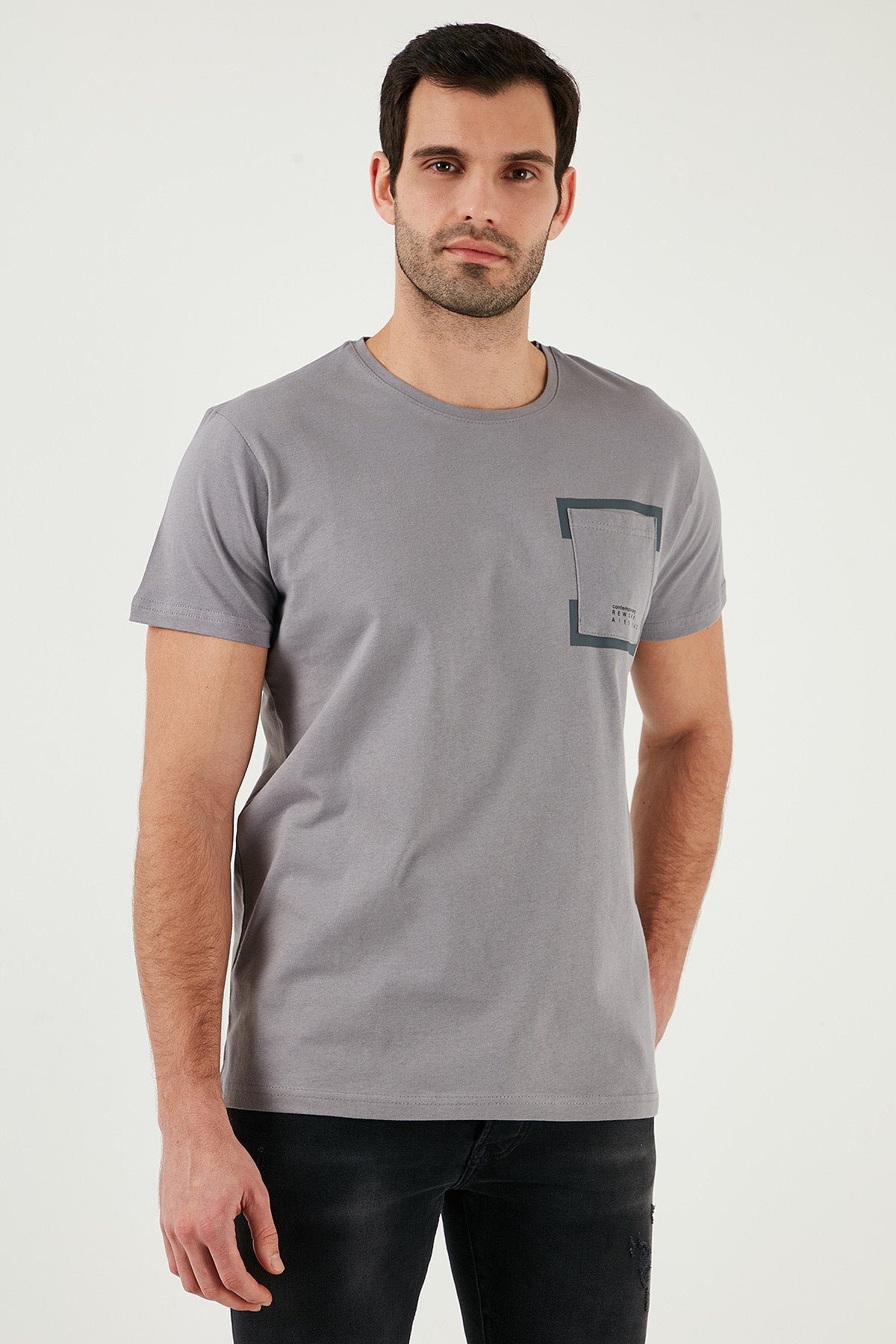 Buratti Pamuklu Slim Fit Bisiklet Yaka Baskılı 3'lü Paket Erkek T Shirt 541S31 Antrasit-Siyah-Açık Gri