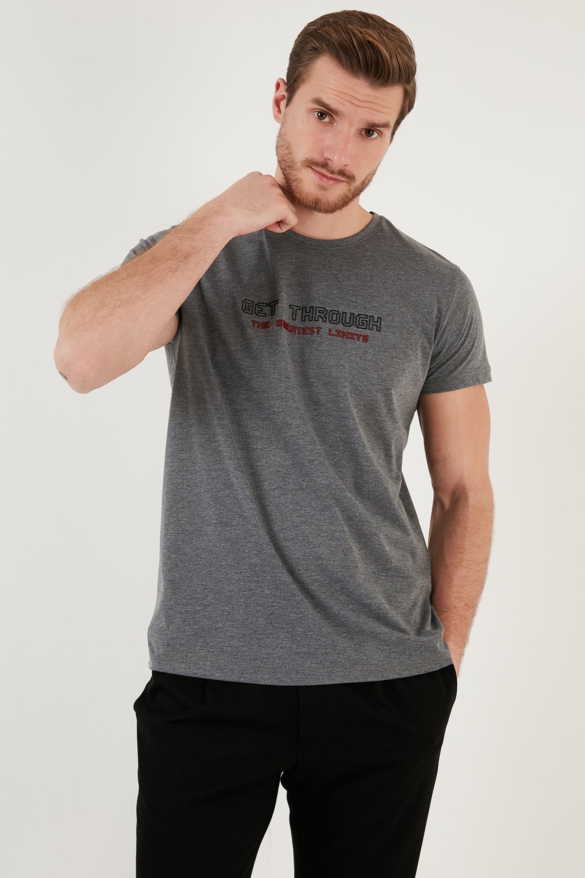 Buratti Pamuklu Slim Fit Bisiklet Yaka Baskılı 3'lü Paket Erkek T Shirt 541S31 Antrasit-Siyah-Açık Gri