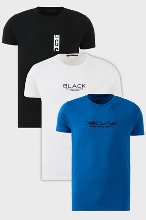 Buratti Pamuklu Slim Fit Bisiklet Yaka Baskılı 3'lü Paket Erkek T Shirt 541S31 Parlıament-Beyaz-Siyah