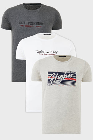 Buratti Pamuklu Slim Fit Bisiklet Yaka Baskılı 3'lü Paket Erkek T Shirt 541S31 Beyaz-Antrasit-Açık Melanj