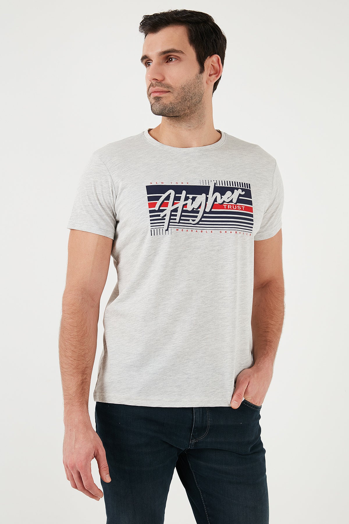 Buratti Pamuklu Slim Fit Bisiklet Yaka Baskılı 3'lü Paket Erkek T Shirt 541S31 Beyaz-Antrasit-Açık Melanj
