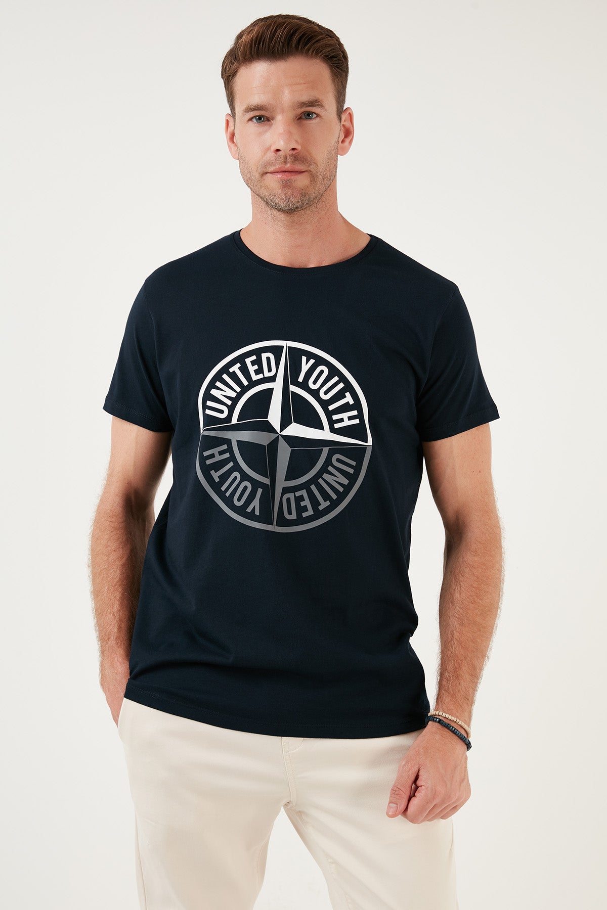 Buratti Pamuklu Slim Fit Bisiklet Yaka Baskılı 3'lü Paket Erkek T Shirt 541S31 Lacivert-Beyaz-Beyaz