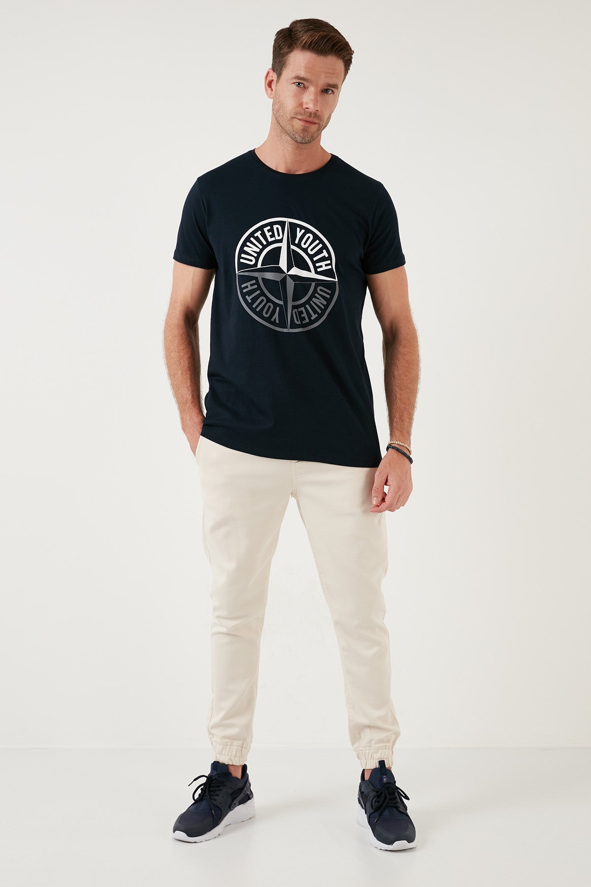 Buratti Pamuklu Slim Fit Bisiklet Yaka Baskılı 3'lü Paket Erkek T Shirt 541S31 Lacivert-Beyaz-Beyaz