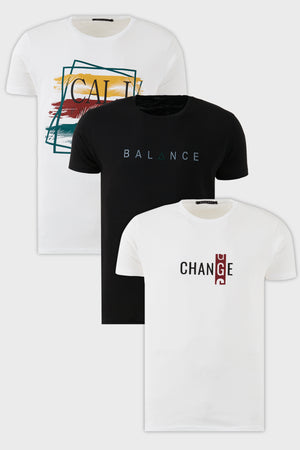 Buratti Pamuklu Slim Fit Bisiklet Yaka Baskılı 3'lü Paket Erkek T Shirt 541S31 Siyah-Beyaz-Beyaz