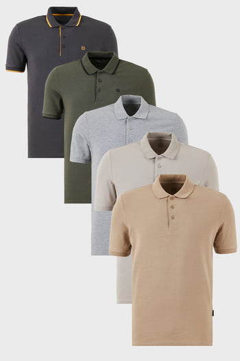 Buratti Pamuklu Regular Fit Düğmeli Polo Yaka 5'li Paket Erkek T Shirt 590211827S5 Gri Melanj-Antrasit-Haki-Kül-Vizon