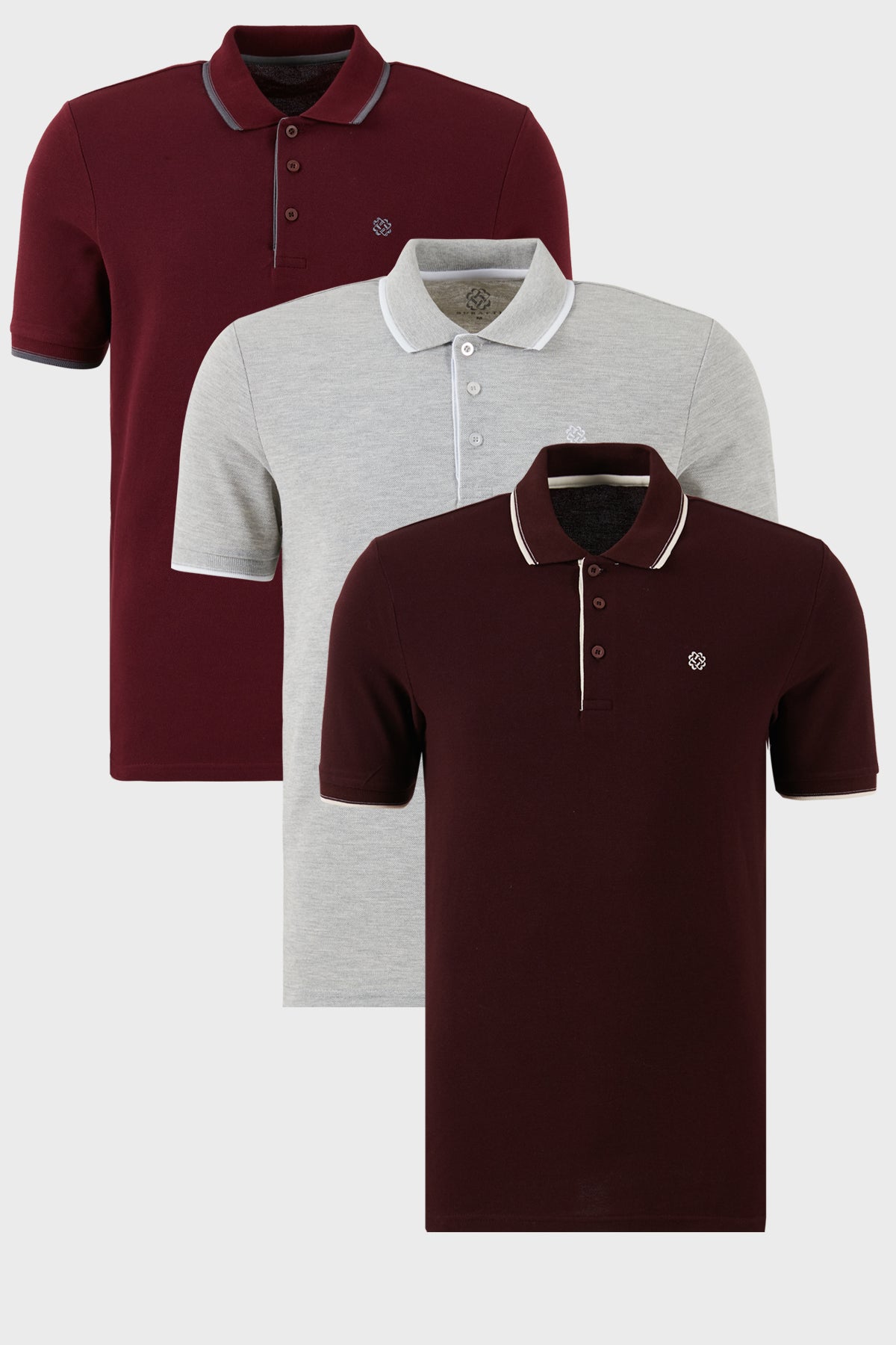 Buratti Pamuklu Slim Fit Şerit Detaylı Düğmeli Polo Yaka 3'lü Paket Erkek T Shirt 5902118S3 VİŞNE-GRİ MELANJ-VişneBeyaz