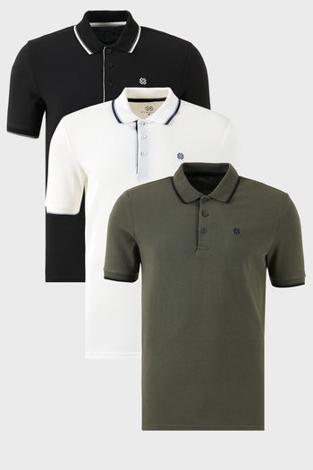 Buratti Pamuklu Slim Fit Şerit Detaylı Düğmeli Polo Yaka 3'lü Paket Erkek T Shirt 5902118S3 BEYAZ-HAKİ-SİYAHBEYAZ