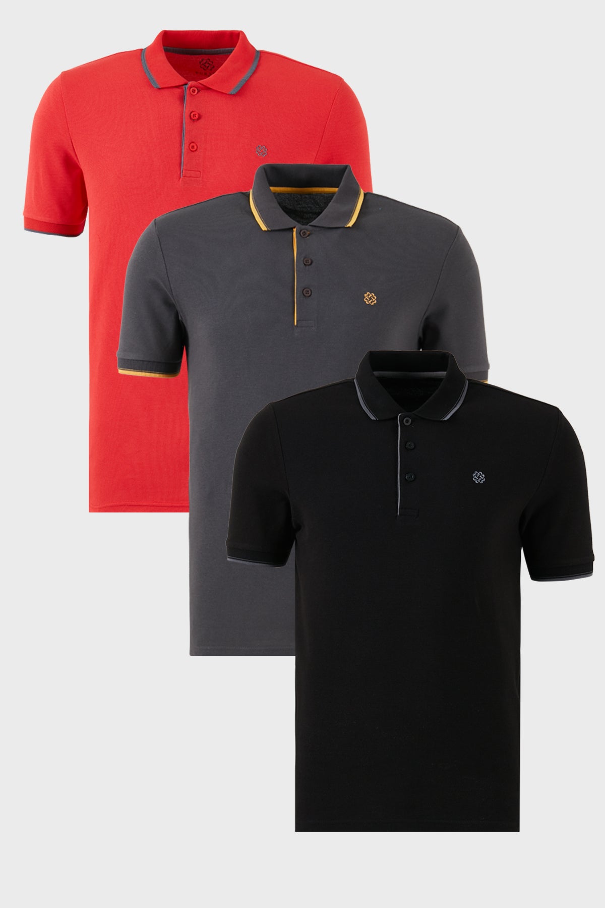 Buratti Pamuklu Slim Fit Şerit Detaylı Düğmeli Polo Yaka 3'lü Paket Erkek T Shirt 5902118S3 Siyah-Kırmızı-Antrasit