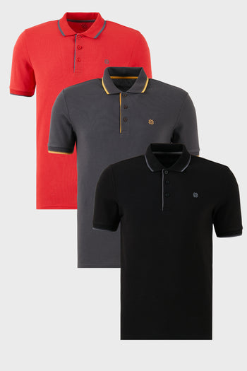 Buratti Pamuklu Slim Fit Şerit Detaylı Düğmeli Polo Yaka 3'lü Paket Erkek T Shirt 5902118S3 Siyah-Kırmızı-Antrasit