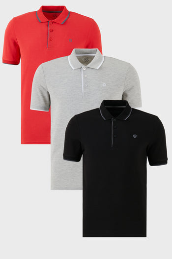 Buratti Pamuklu Slim Fit Şerit Detaylı Düğmeli Polo Yaka 3'lü Paket Erkek T Shirt 5902118S3 Siyah-Kırmızı-Gri Melanj
