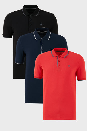 Buratti Pamuklu Slim Fit Şerit Detaylı Düğmeli Polo Yaka 3'lü Paket Erkek T Shirt 5902118S3 Siyah-Kırmızı-Lacivert
