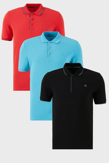 Buratti Pamuklu Slim Fit Şerit Detaylı Düğmeli Polo Yaka 3'lü Paket Erkek T Shirt 5902118S3 Siyah-Kırmızı-Aqua Mavi