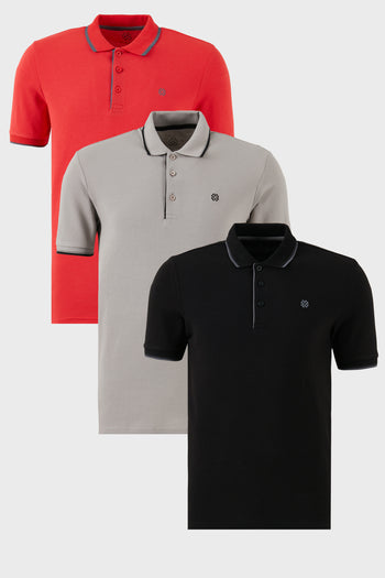 Buratti Pamuklu Slim Fit Şerit Detaylı Düğmeli Polo Yaka 3'lü Paket Erkek T Shirt 5902118S3 Siyah-Kırmızı-Taş