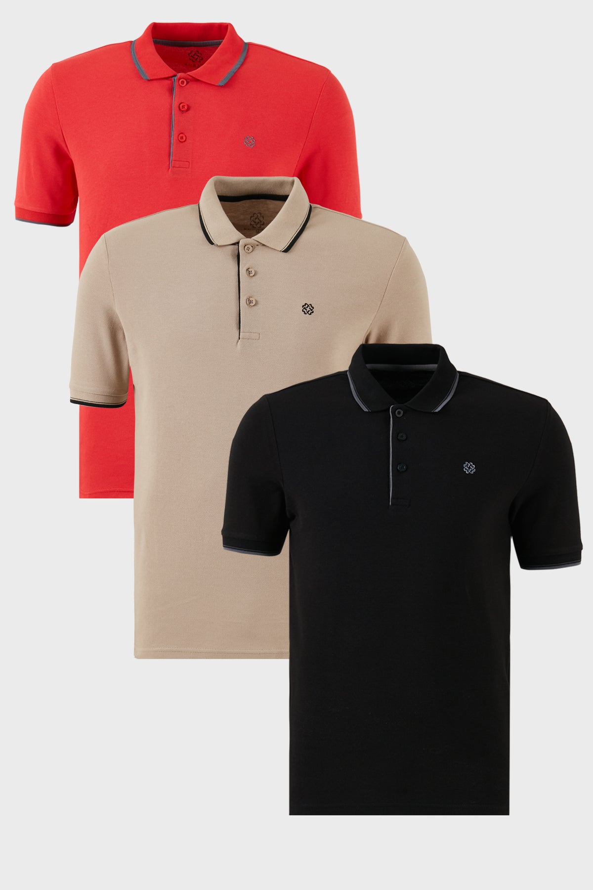 Buratti Pamuklu Slim Fit Şerit Detaylı Düğmeli Polo Yaka 3'lü Paket Erkek T Shirt 5902118S3 Siyah-Kırmızı-Vizon