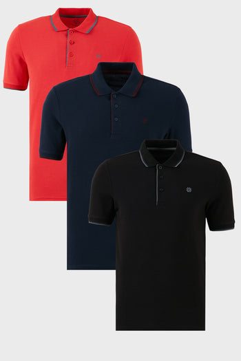 Buratti Pamuklu Slim Fit Şerit Detaylı Düğmeli Polo Yaka 3'lü Paket Erkek T Shirt 5902118S3 Siyah-Kırmızı-Lacivert-Bordo