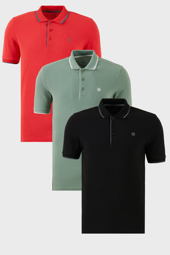 Buratti Pamuklu Slim Fit Şerit Detaylı Düğmeli Polo Yaka 3'lü Paket Erkek T Shirt 5902118S3 Siyah-Kırmızı-Elma Yeşili-Beyaz
