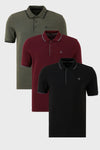 Buratti Pamuklu Slim Fit Şerit Detaylı Düğmeli Polo Yaka 3'lü Paket Erkek T Shirt 5902118S3 Siyah-Vişne Haki