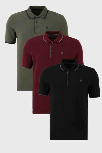 Buratti Pamuklu Slim Fit Şerit Detaylı Düğmeli Polo Yaka 3'lü Paket Erkek T Shirt 5902118S3 Siyah-Vişne Haki