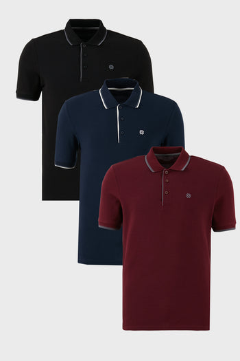 Buratti Pamuklu Slim Fit Şerit Detaylı Düğmeli Polo Yaka 3'lü Paket Erkek T Shirt 5902118S3 Siyah-Vişne-Lacivert