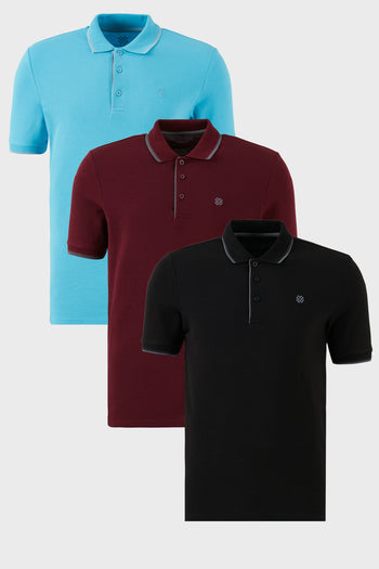 Buratti Pamuklu Slim Fit Şerit Detaylı Düğmeli Polo Yaka 3'lü Paket Erkek T Shirt 5902118S3 Siyah-Vişne-Aqua Mavi