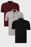 Buratti Pamuklu Slim Fit Şerit Detaylı Düğmeli Polo Yaka 3'lü Paket Erkek T Shirt 5902118S3 Siyah-Vişne-Taş
