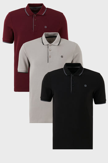 Buratti Pamuklu Slim Fit Şerit Detaylı Düğmeli Polo Yaka 3'lü Paket Erkek T Shirt 5902118S3 Siyah-Vişne-Taş