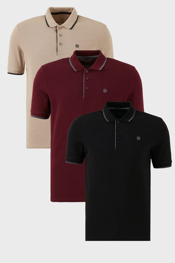 Buratti Pamuklu Slim Fit Şerit Detaylı Düğmeli Polo Yaka 3'lü Paket Erkek T Shirt 5902118S3 Siyah-Vişne-Vizon