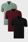 Buratti Pamuklu Slim Fit Şerit Detaylı Düğmeli Polo Yaka 3'lü Paket Erkek T Shirt 5902118S3 Siyah-Vişne-Elma Yeşili-Beyaz