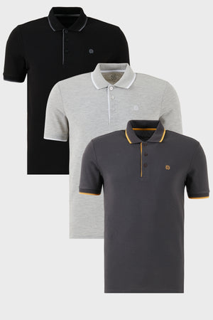 Buratti Pamuklu Slim Fit Şerit Detaylı Düğmeli Polo Yaka 3'lü Paket Erkek T Shirt 5902118S3 Siyah-Antrasit-Gri Melanj