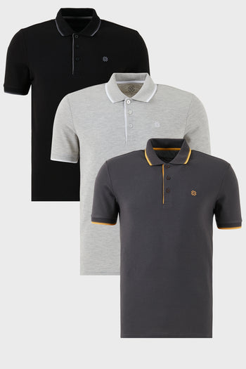 Buratti Pamuklu Slim Fit Şerit Detaylı Düğmeli Polo Yaka 3'lü Paket Erkek T Shirt 5902118S3 Siyah-Antrasit-Gri Melanj