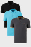Buratti Pamuklu Slim Fit Şerit Detaylı Düğmeli Polo Yaka 3'lü Paket Erkek T Shirt 5902118S3 Siyah-Antrasit-Aqua Mavi