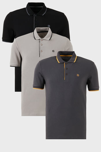 Buratti Pamuklu Slim Fit Şerit Detaylı Düğmeli Polo Yaka 3'lü Paket Erkek T Shirt 5902118S3 Siyah-Antrasit-Taş